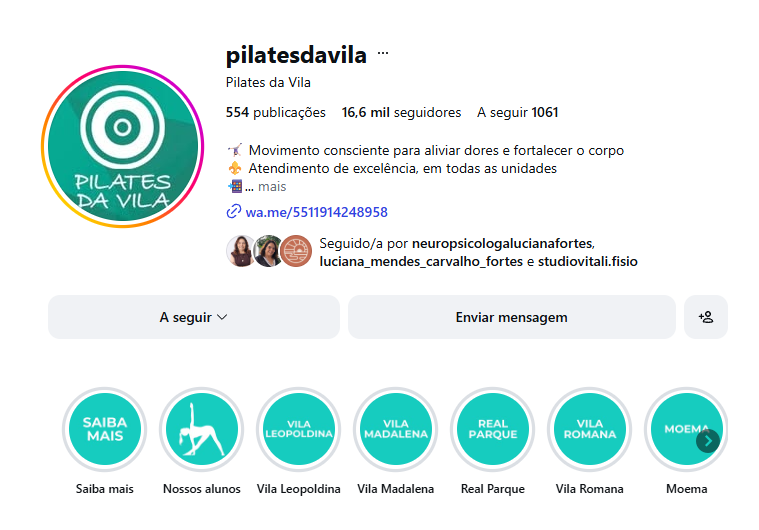 Perfil do Pilates da Vila no Instagram